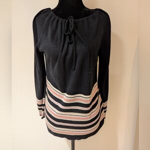 Vintage 1980s Keneth Too Black Striped Sweater Shirt Pink Grey Silver Size M/L